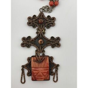 Vintage Casa Luna Mexico Copper Aztec Warrior Face Mask Necklace